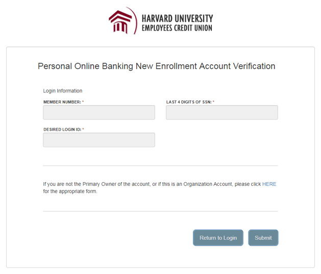 Personal Online Banking New Enrollment Account Verification