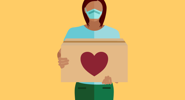 Illustration of a woman holding a box with a heart drawn on it. 